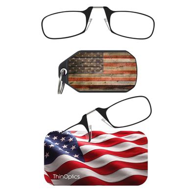 Always With You by ThinOptics Best Sellers Bundle - Armless On-Nose Reading Glasses with Case for Phone & Readers Keychain Case - Flag 2.0x