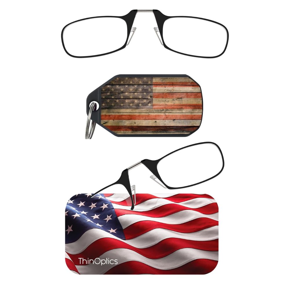 Always With You by ThinOptics Best Sellers Bundle - Armless On-Nose Reading Glasses with Case for Phone & Readers Keychain Case - Flag 2.0x
