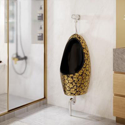 KUKIXKK Wall Mounted Ceramic Urinal for Men with Hand Press Flush Valve, Space-Saving Integrated Male Toilet with Odor-Blocking Drain for Home, Garage, Hotel and Commercial Bathroom(Floor Drain)