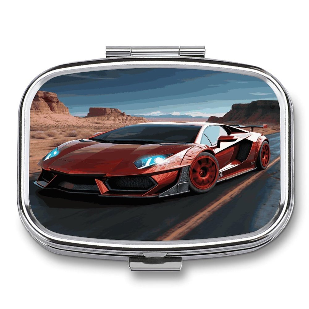 Red Race Car Pill Case Square Travel Pill Organizer Portable Small Pill Box 2 Compartments Metal Medicine Box Sealed Pill Container Vitamins Medicine Organizer