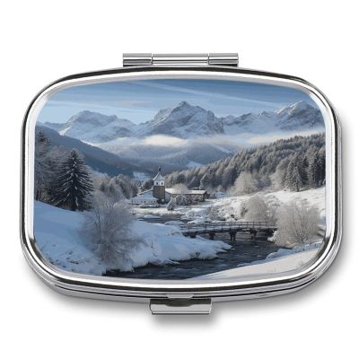 Winter Landscape in The Bavarian Alps Pill Case Square Travel Pill Organizer Portable Small Pill Box 2 Compartments Metal Medicine Box Sealed Pill Container Vitamins Medicine Organizer