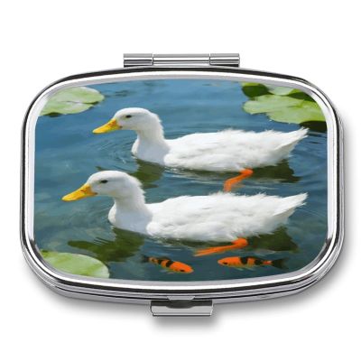 Two Ducks Pill Case Square Travel Pill Organizer Portable Small Pill Box 2 Compartments Metal Medicine Box Sealed Pill Container Vitamins Medicine Organizer