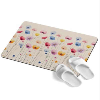 Colorful Floral Bath Stone Mat, Super Absorbent Diatomite Shower Mat, Spring Seasonal Botanical Wildflowers Quick Drying Non-Slip Stone Mats for Bathroom Kitchen Counter Easy to Clean 24"x36"