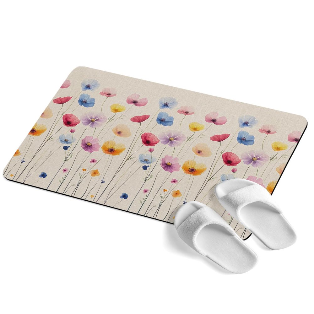 Colorful Floral Bath Stone Mat, Super Absorbent Diatomite Shower Mat, Spring Seasonal Botanical Wildflowers Quick Drying Non-Slip Stone Mats for Bathroom Kitchen Counter Easy to Clean 24"x36"