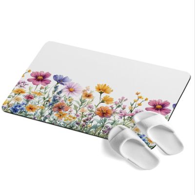 Qiaullityot Spring Botanical Blossom Bath Stone Mat, Super Absorbent Diatomite Shower Mat, Colorful Floral Quick Drying Non-Slip Stone Mats for Bathroom Kitchen Counter Easy to Clean 24"x36"