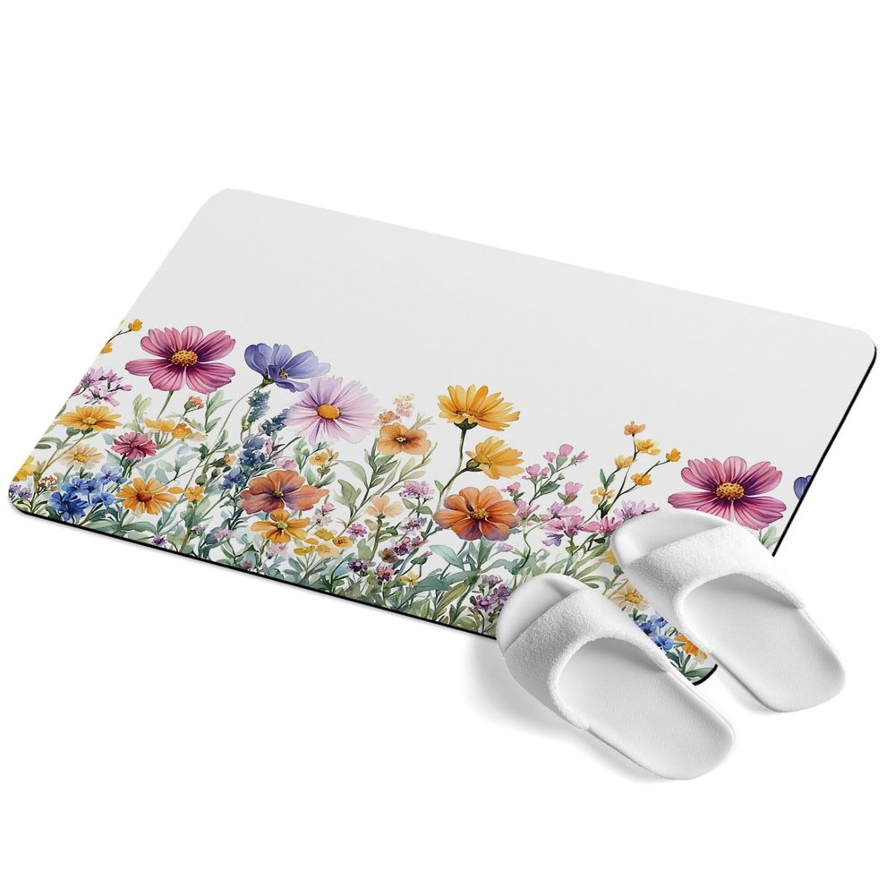 Qiaullityot Spring Botanical Blossom Bath Stone Mat, Super Absorbent Diatomite Shower Mat, Colorful Floral Quick Drying Non-Slip Stone Mats for Bathroom Kitchen Counter Easy to Clean 24"x36"