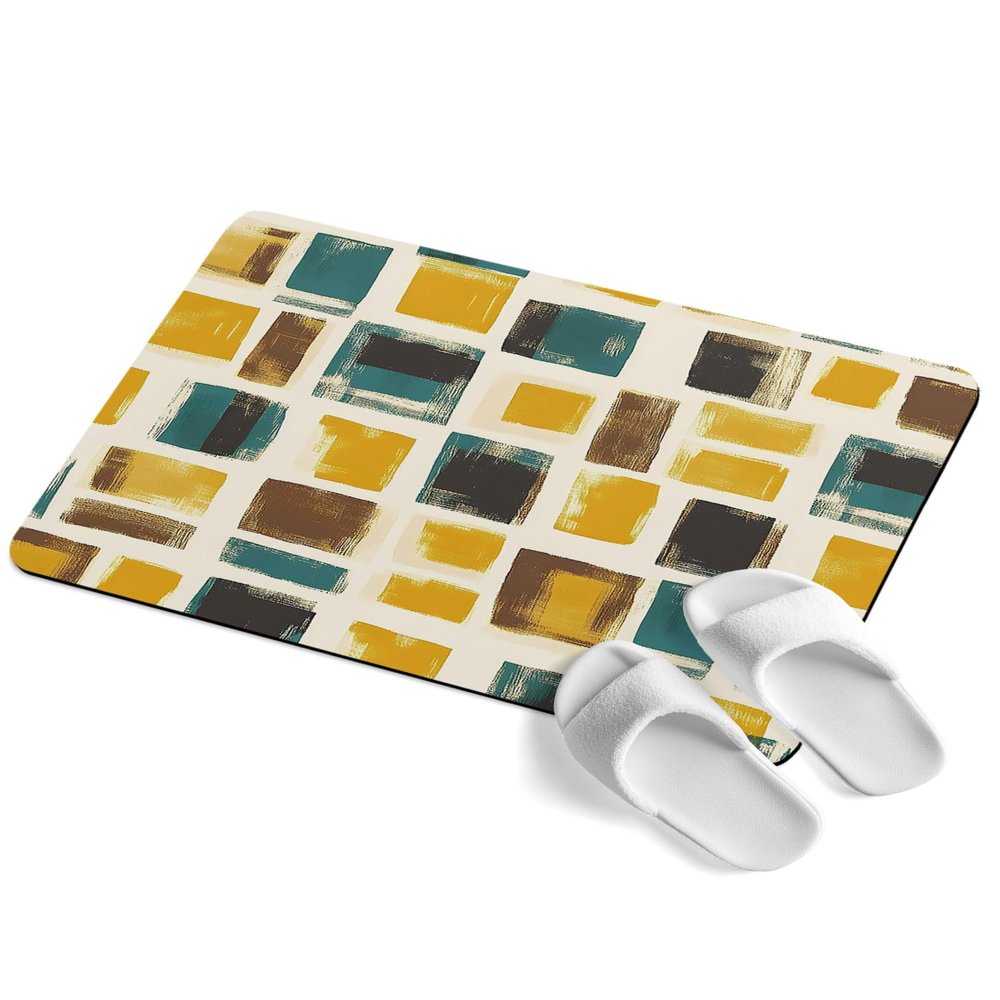 Yellow Teal Black Geometric Bath Stone Mat, Super Absorbent Diatomite Shower Mat, Modern Polygonal Abstract Art Quick Drying Non-Slip Stone Mats for Bathroom Kitchen Counter Easy to Clean 16"x24"