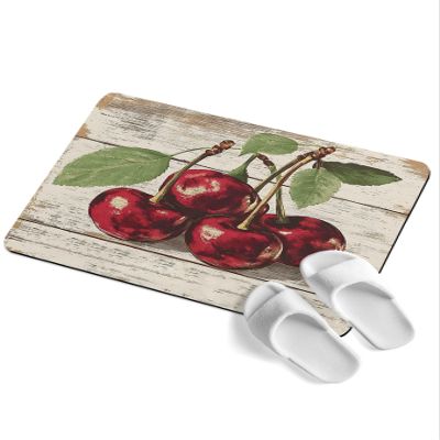 Qiaullityot Retro Red Cherry Bath Stone Mat, Super Absorbent Diatomite Shower Mat, Vintage Summer Botanical Wooden Quick Drying Non-Slip Stone Mats for Bathroom Kitchen Counter Easy to Clean 18"x30"