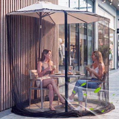 Yahenda 9ft Half Patio Umbrella Mosquito Net Enclosure with Zipper Door, Heavy-Duty Outdoor Bug Screen with Adjustable Drawstring & Weighted Base for Backyard, Balcony, Terrace Living, Camping