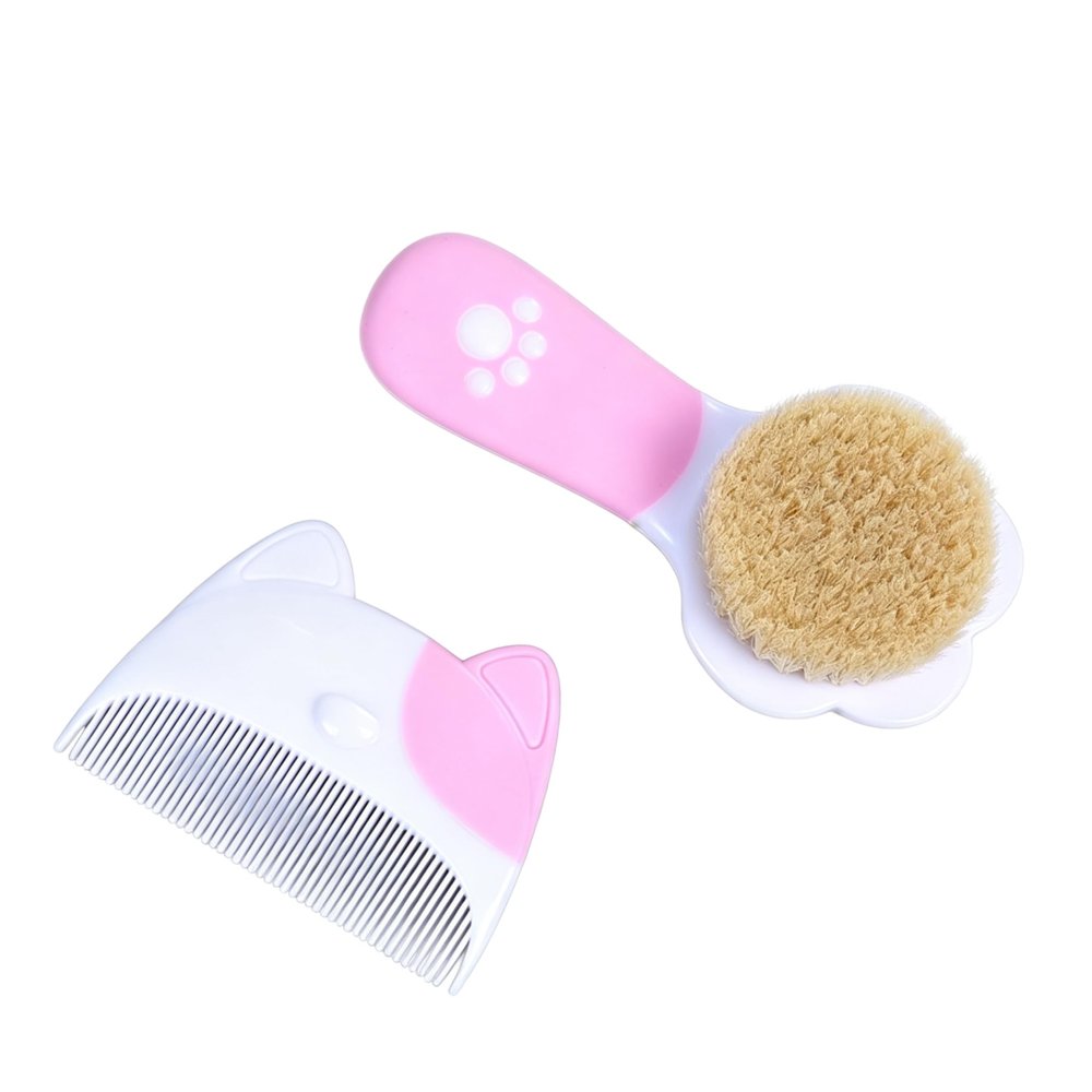 Baby Brush Set, Natural Soft Goat Hair Brush and Comb for Newborn Toddler, Pink