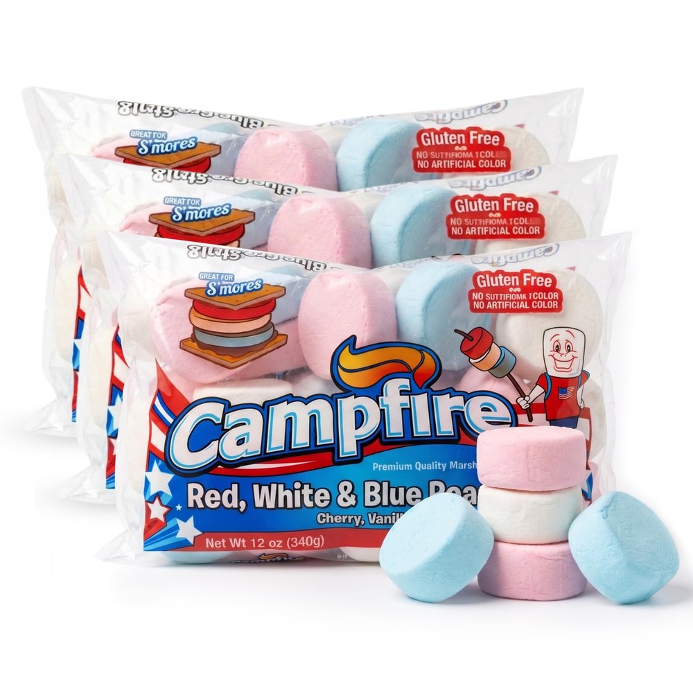(3 Pack) 12 oz Red, White & Blue Roaster Marshmallows Cherry, Vanilla & Blueberry Flavored Jumbo Marshmallows Gluten Free, No Artificial Colors Perfect for Smores & 4th of July Treats