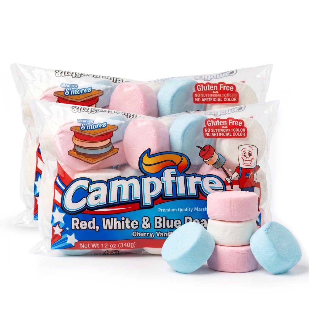 (2 Pack) 12 oz Red, White & Blue Roaster Marshmallows Cherry, Vanilla & Blueberry Flavored Jumbo Marshmallows Gluten Free, No Artificial Colors Perfect for Smores & 4th of July Treats