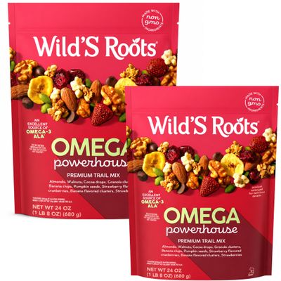 Wild'S Roots Omega Trail Mix Snack, 24 oz (Pack of 2) Premium Nut & Fruit Mix with Almonds, Walnuts, Pumpkin Seeds & Dried Fruit, Sweet & Crunchy Snack, Resealable Bags, 48 oz Total