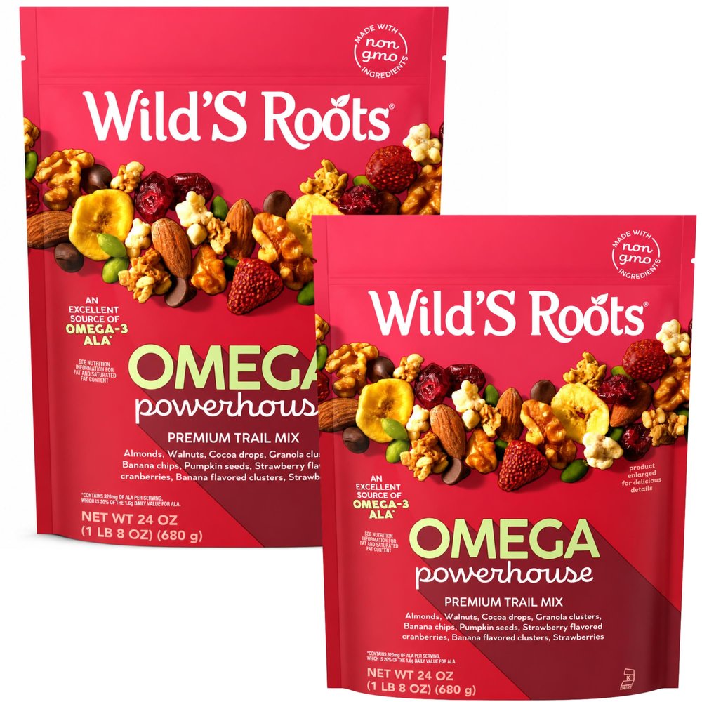 Wild'S Roots Omega Trail Mix Snack, 24 oz (Pack of 2) Premium Nut & Fruit Mix with Almonds, Walnuts, Pumpkin Seeds & Dried Fruit, Sweet & Crunchy Snack, Resealable Bags, 48 oz Total