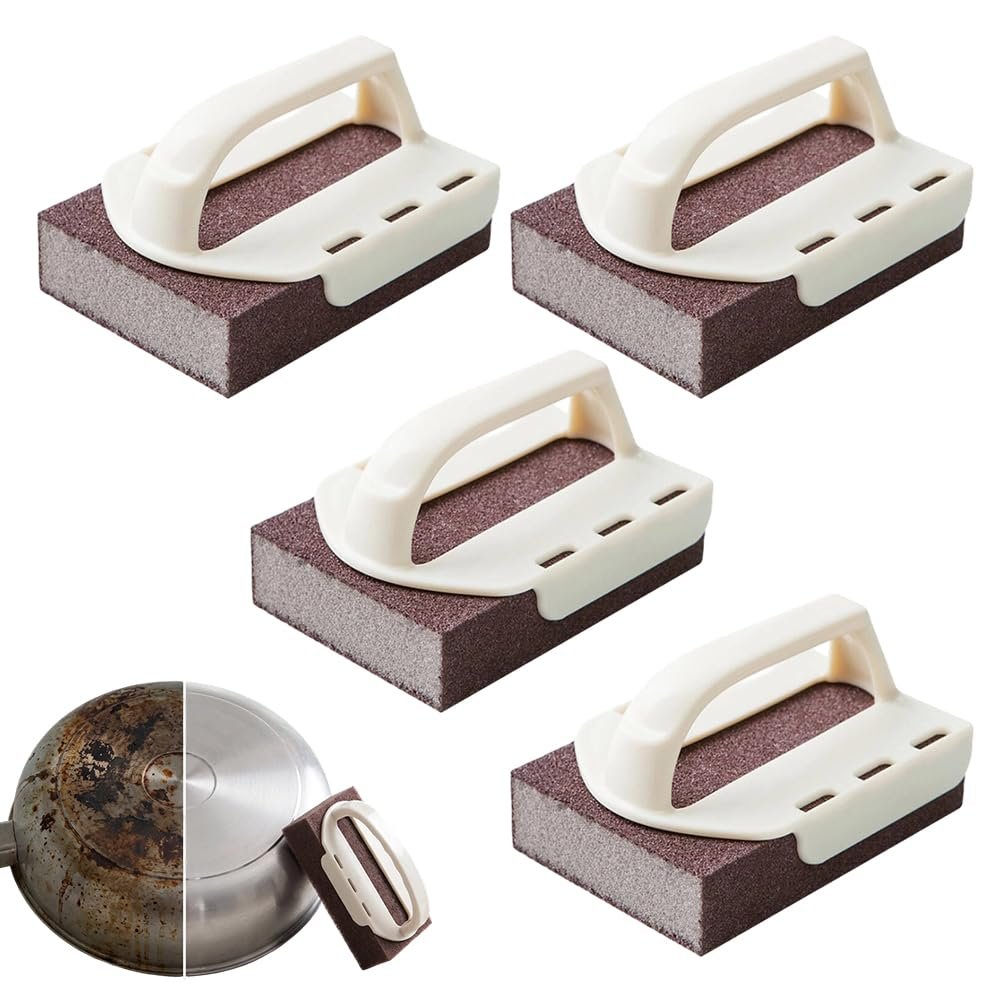 Magic Emery Cleaning Sponge, 2026 New Carborundum Sponge, Multi-Purpose Sponge Brush, Durable Scrub Block for Sinks and Stoves, Kitchen Cleaning Sponge for Home Chefs (4, Sponge with Handle)