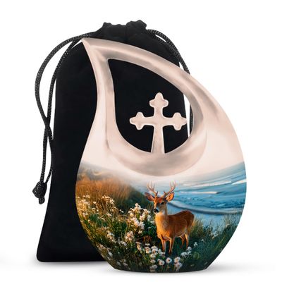 JAGLASH Deer Cremation Urns for Human Ashes Adult Female, Green Teardrop Funeral Urns for Adult Male - Landscape Burial Urn for Ashes for Women & Man - Memorial Urn for Mother & Father - 10 Inch