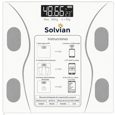 Solvian Smart Body Composition Scale, White, Bluetooth, LCD Display, 26x26cm, 0.2-396 lbs Capacity