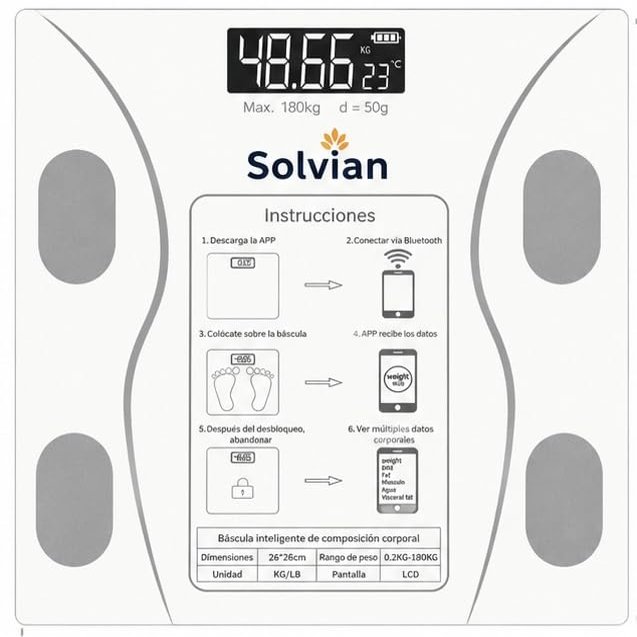 Solvian Smart Body Composition Scale, White, Bluetooth, LCD Display, 26x26cm, 0.2-396 lbs Capacity