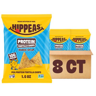 Hippeas Ranch Em Up Protein Tortilla Chips, 8 x 1.5 Oz Bags, Crunchy Pea Snacks with 10g Plant Protein Per Bag, Non-GMO, Kosher, Dairy & Gluten Free Vegan Snacks, Creamy Herb Flavor