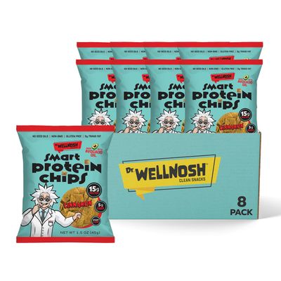 Dr. Wellnosh Smart Protein Chips Cinnamon 15g Fava Bean Protein, 5g Fiber, Cooked in Avocado Oil, Gluten Free, Non GMO, No Seed Oils, No Added Sugar, High Protein Snack - 1.5 oz, 8 Pack