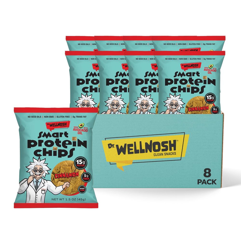 Dr. Wellnosh Smart Protein Chips Cinnamon 15g Fava Bean Protein, 5g Fiber, Cooked in Avocado Oil, Gluten Free, Non GMO, No Seed Oils, No Added Sugar, High Protein Snack - 1.5 oz, 8 Pack