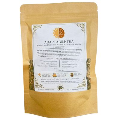 The Good Village Co. AdaptabiliTea Loose Leaf Herbal Tea, Caffeine Free Botanical Blend with Ashwagandha, Eleuthero, Skullcap, Moringa, Dandelion Root, Ginger, Cinnamon & Soursop, 4.5 oz, Approx. 50 Servings