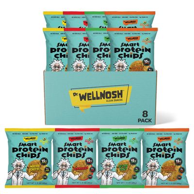 Dr. Wellnosh Smart Protein Chips Variety Pack Celtic Salt, Chipotle BBQ, Cinnamon & Nacho Cheese, 15g Fava Bean Protein, Avocado Oil, Gluten Free, Non GMO, No Seed Oils, 8 Count Variety Snack Pack