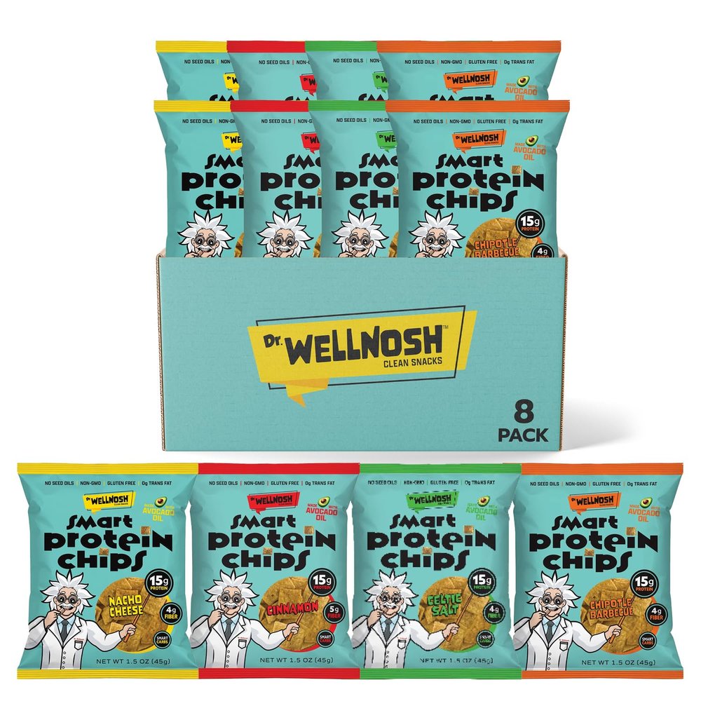 Dr. Wellnosh Smart Protein Chips Variety Pack Celtic Salt, Chipotle BBQ, Cinnamon & Nacho Cheese, 15g Fava Bean Protein, Avocado Oil, Gluten Free, Non GMO, No Seed Oils, 8 Count Variety Snack Pack