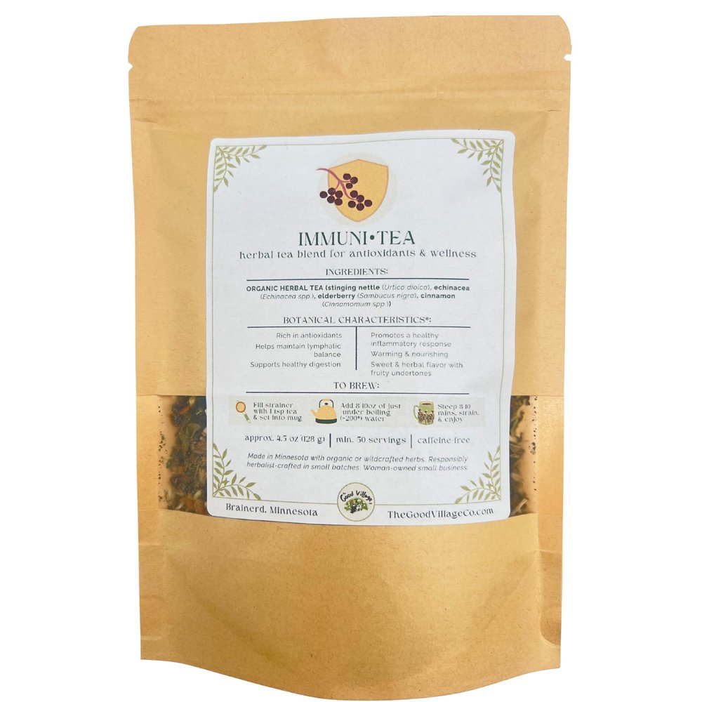 The Good Village Co. ImmuniTea Loose Leaf Herbal Tea, Caffeine Free Botanical Blend with Elderberry, Echinacea, Ginger, Cinnamon & Stinging Nettle, 4.5 oz, Approx. 50 Servings
