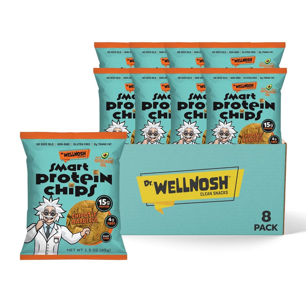 Dr. Wellnosh Smart Protein Chips Chipotle Barbecue 15g Fava Bean Protein, 4g Fiber, Avocado Oil, Gluten Free, Non GMO, No Seed Oils, Bold BBQ Flavor, High Protein Snack - 1.5 oz, 8 Pack