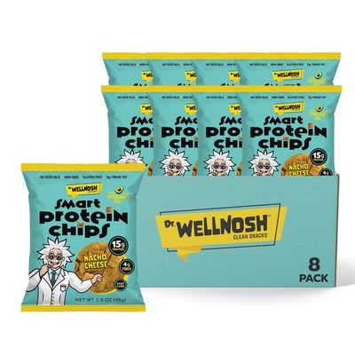 Dr. Wellnosh Smart Protein Chips Nacho Cheese 15g Fava Bean Protein, 4g Fiber, Cooked in Avocado Oil, Gluten Free, Non GMO, No Seed Oils, Bold Cheese Flavor, High Protein Snack, 1.5 oz, 8 Pack