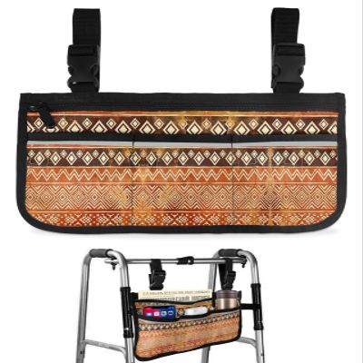 Southwestern Orange Wheelchair Side Bag Walk Bag Basket, Vintage Geometric Ethnic Western Wheelchair Accessories Armrest Pouch, Organizer Storage Bags for Walkers, Rollators, Scooters, 7.3"x13"
