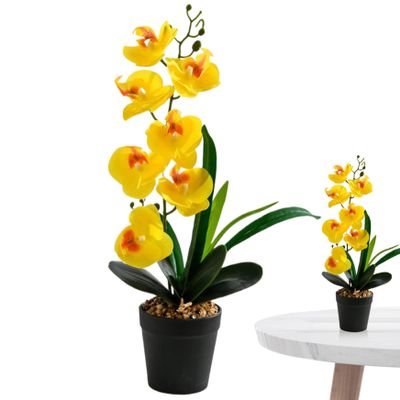UWEOTYYY 17 Inch Orchid in Pot, Realistic Yellow Faux Orchid with 7 Flower Heads & 4 Leaves, Real Touch Decorative Silk Flowers for Home Office Wedding, Phalaenopsis