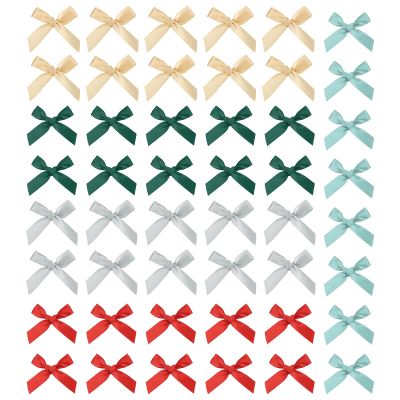 MECCANIXITY 50Pcs Mini Ribbon Bow 1.8 Inch Mini Fabric Satin Ribbon Flower Bows for Craft DIY Sewing Wedding Birthday Party Silver/Green/Red/Dark Green/Gold