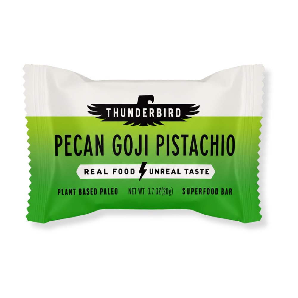 Thunderbird Mini Energy Snack Bars, 2x 10 Count Bags, Gluten-Free with Protein, Healthy Real Food, Vegan Paleo Non-GMO, No Added Sugar, Perfectly Portable Size (Pecan Goji Pistachio)