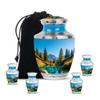 YASUBJAG Mountains Urn for Ashes for Women - Cremation Keepsakes for Ashes Combo of 5 with 1 Large 10 Inch Blue Funeral Urn for Women & 4 Mini Urns for Mom, Men & Adult Female Memorial Set of 5 view 1