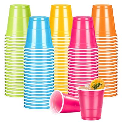 Pineburg 2oz Plastic Shot Cups - 100 Pack Neon Colors (Pink, Green, Orange, Yellow, Blue) - Glow Party Cups for Blacklight Party, Rave, Nightclub, Birthday, Jello Shots, Tasting, Neon Theme