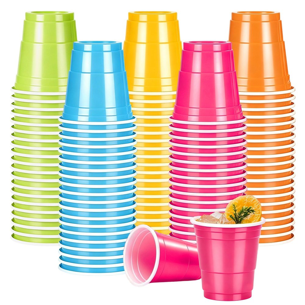 Pineburg 2oz Plastic Shot Cups - 100 Pack Neon Colors (Pink, Green, Orange, Yellow, Blue) - Glow Party Cups for Blacklight Party, Rave, Nightclub, Birthday, Jello Shots, Tasting, Neon Theme