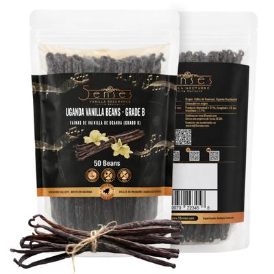 5Senses Uganda Vanilla Beans | Grade B | Extraction Grade Whole Pods | Single Origin (Rwenzori Valleys) | High Vanillin (~2.0%) & Moisture (~24%) | 15cm Long | For Extraction, Infusions & Brewing (50 Beans)