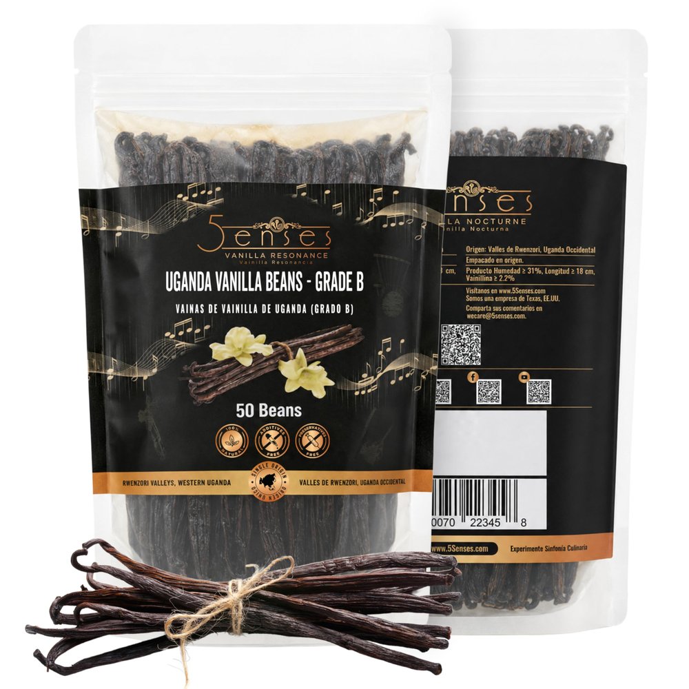 5Senses Uganda Vanilla Beans | Grade B | Extraction Grade Whole Pods | Single Origin (Rwenzori Valleys) | High Vanillin (~2.0%) & Moisture (~24%) | 15cm Long | For Extraction, Infusions & Brewing (50 Beans)