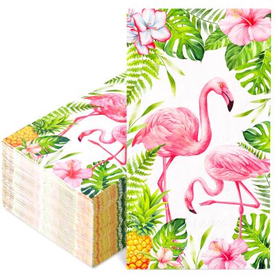 FYSUIMU 50 Pcs Pink Flamingo Guest Napkins Palm Leaves Floral Paper Napkins Summer Hawaii Tropical Disposable Bathroom Hand Towels for Party Dinner Table Supplies