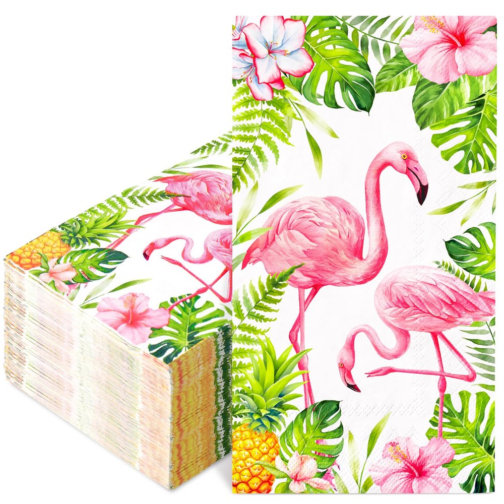 FYSUIMU 50 Pcs Pink Flamingo Guest Napkins Palm Leaves Floral Paper Napkins Summer Hawaii Tropical Disposable Bathroom Hand Towels for Party Dinner Table Supplies
