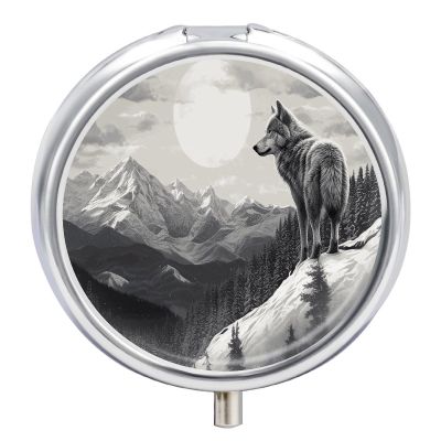 Snow Mountain Lone Wolf Round Pill Box for Organizer and Containers,Vitamin Case for Purse & Pocket Mini,Organizer Box- 3 Compartment to Hold Vitamins,Fish Oil and Supplements