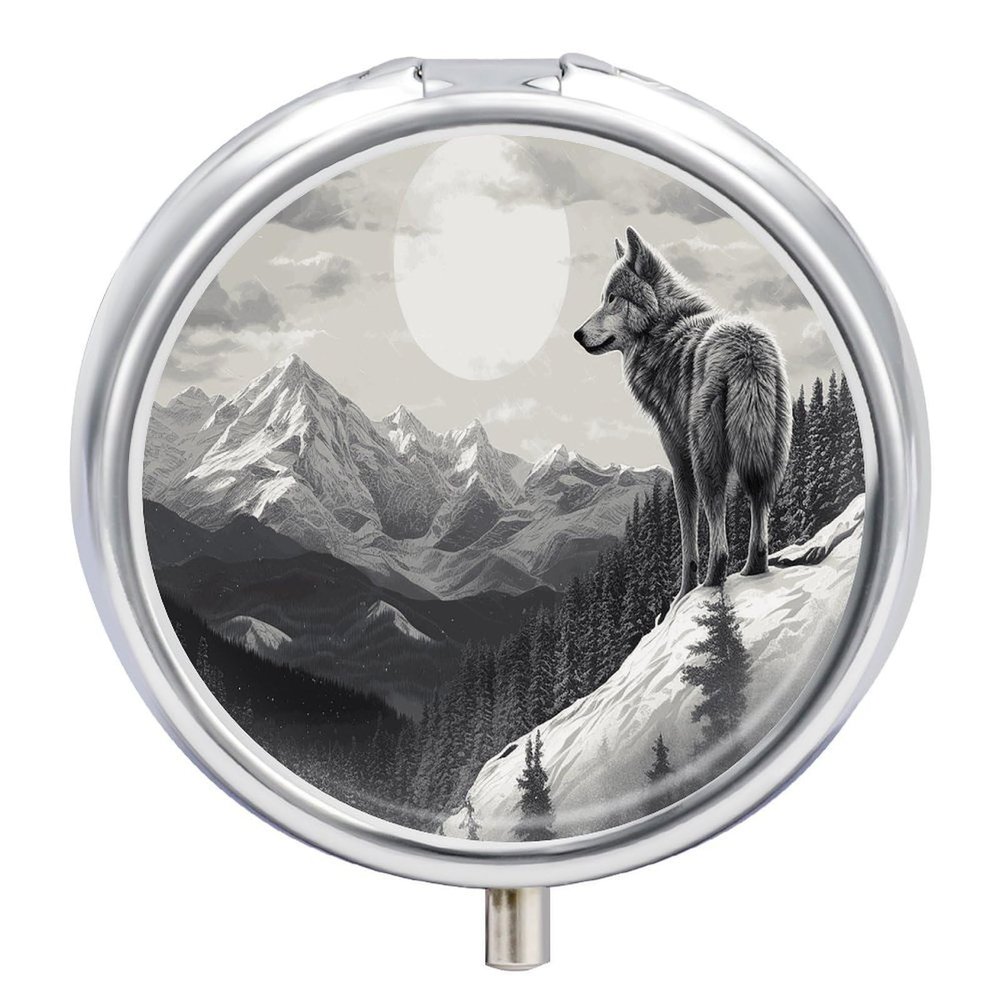Snow Mountain Lone Wolf Round Pill Box for Organizer and Containers,Vitamin Case for Purse & Pocket Mini,Organizer Box- 3 Compartment to Hold Vitamins,Fish Oil and Supplements