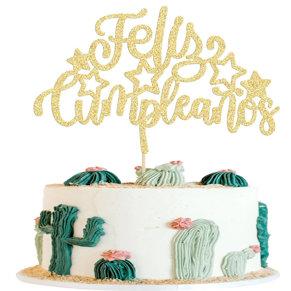 Gyufise 1Pcs Spanish Feliz Cumpleaos Cake Topper Glitter Happy Birthday Fiesta Cake Pick Feliz Cumpleaos Mexican Fiesta Birthday Cake Decoration Party Supplies Gold