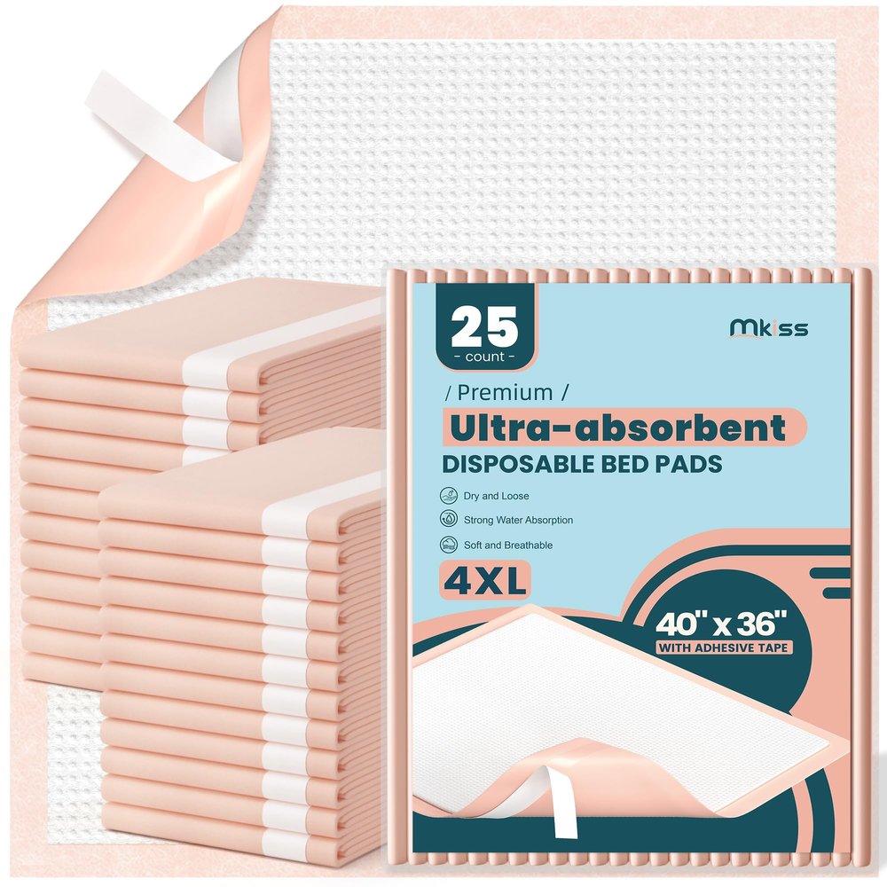MKISS Extra Large Bed Pads with Adhesive Strips 40" x 36" 25 Count Super Absorbent Thicker Disposable Underpads Heavy Duty Incontinence Pads for Adults & Senior, Kids, Chucks Pee Pads for Training Pad