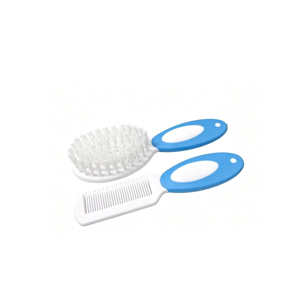 Baby Hair Brush Set, Soft Goat Hair Brush for Newborn and Toddler, Blue, Bassinet Prevention Hat