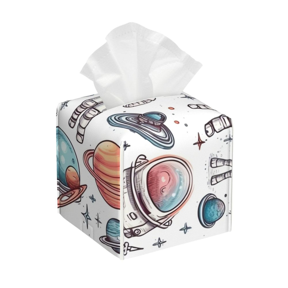 Pu Leather Cube Tissue Box Holders Modern Waterproof Square Tissue Box Cover Space Theme Facial Paper Holder For Bathroom Kitchen Nightstand Office Home Decor