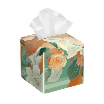 Pu Leather Cube Tissue Box Holders Modern Waterproof Square Tissue Box Cover Flower And Green Stripes Facial Paper Holder For Bathroom Kitchen Nightstand Office Home Decor