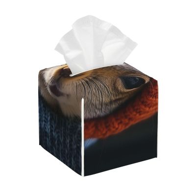 Pu Leather Cube Tissue Box Holders Modern Waterproof Square Tissue Box Cover Squirrel Wearing Hat Facial Paper Holder For Bathroom Kitchen Nightstand Office Home Decor